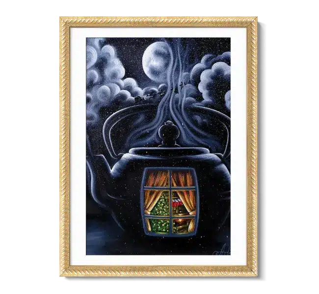 black teapot with a christmas tree inside under a dark sky