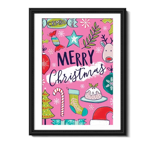 "merry christmas" against pink background with candy cane, christmas tree, stocking, and other christmas decor