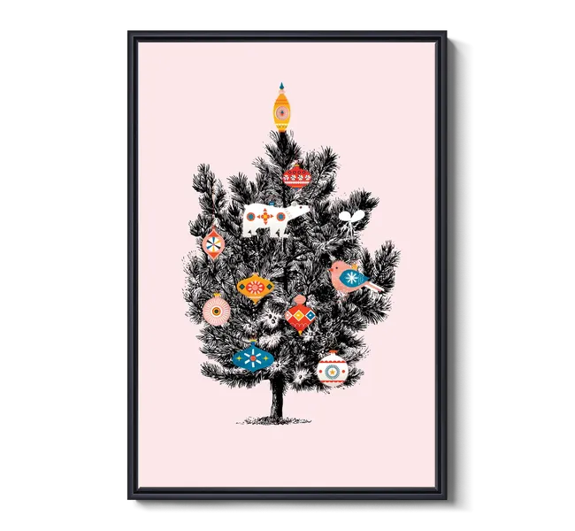 christmas tree with retro ornaments against pink background