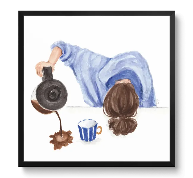 woman in blue robe with head on a table pouring a pot of coffee onto the table next to a blue and white striped mug