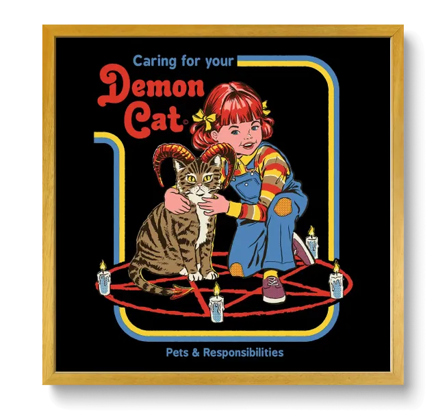 red headed girl hugging a cat with demon horns with the words "caring for your demon cat"