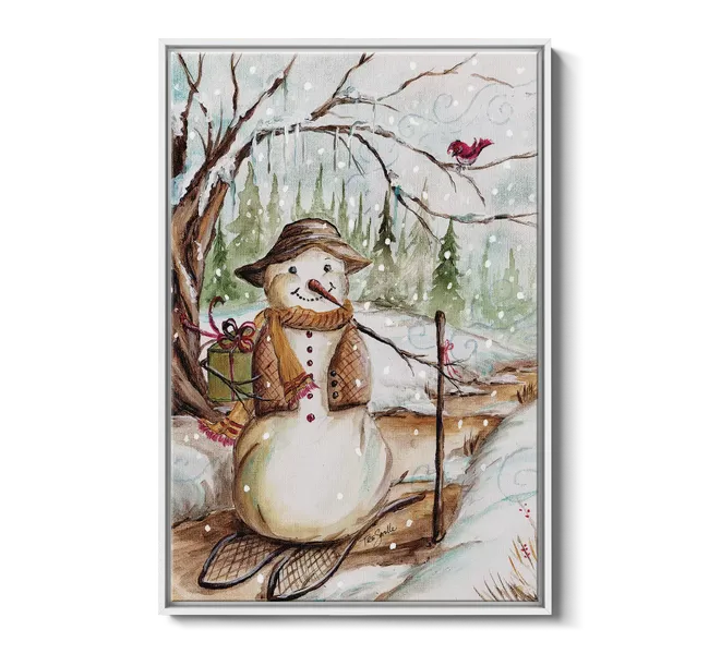 snowman wearing scarf and holding presents by snowy tree