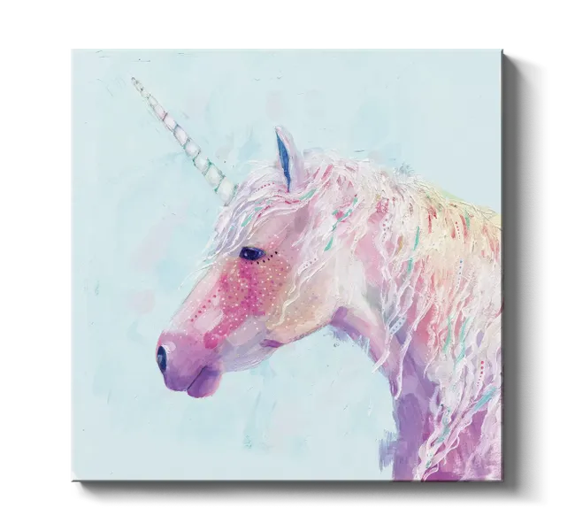 pink unicorn against light blue background