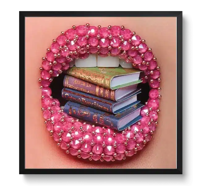 pink gemstone lips with teeth biting down on mini books