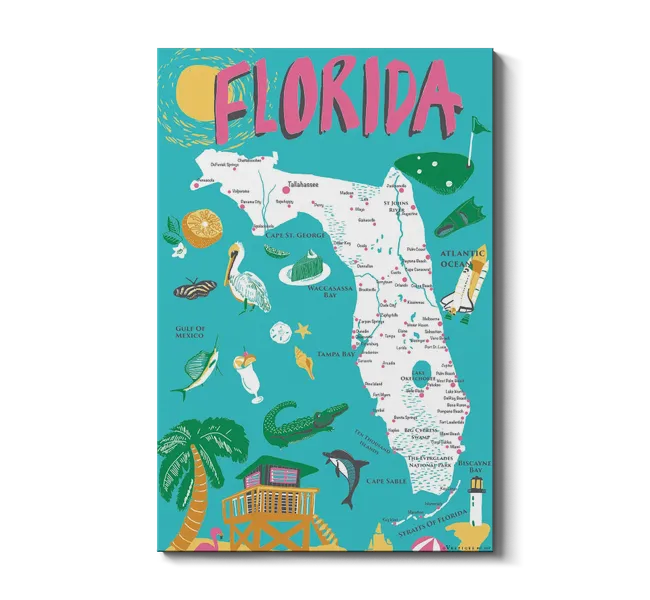 map of florida with animals, palm tree, and symbols