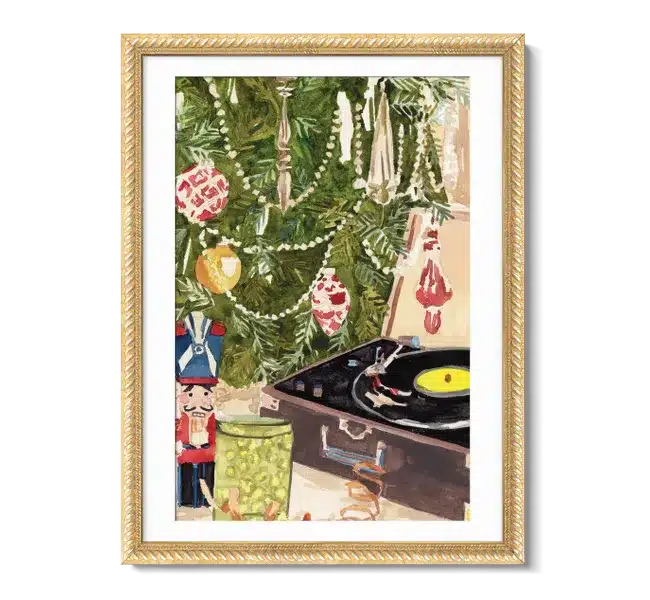 record player next to christmas tree