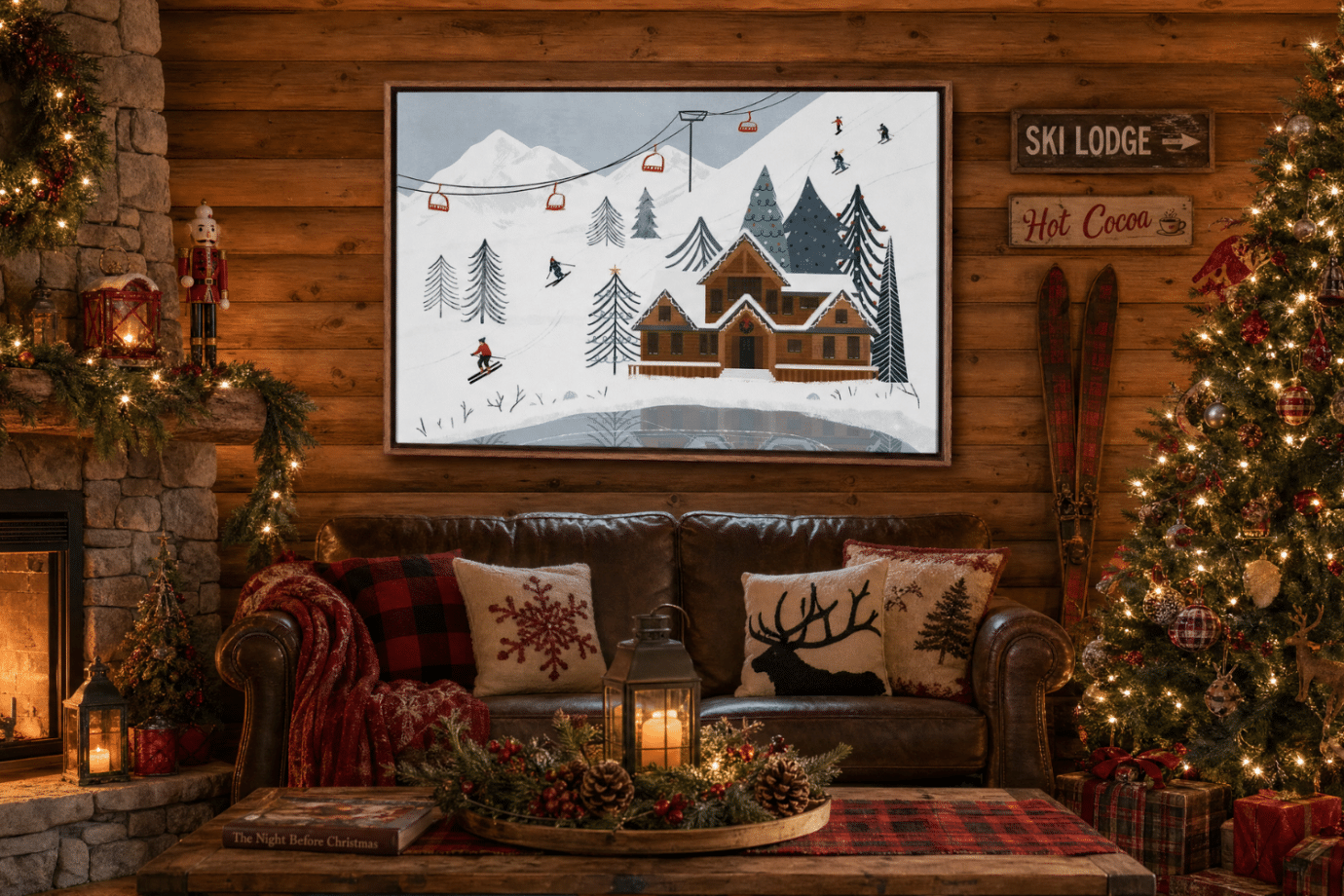 cabin artwork with ski slope hanging in cabin