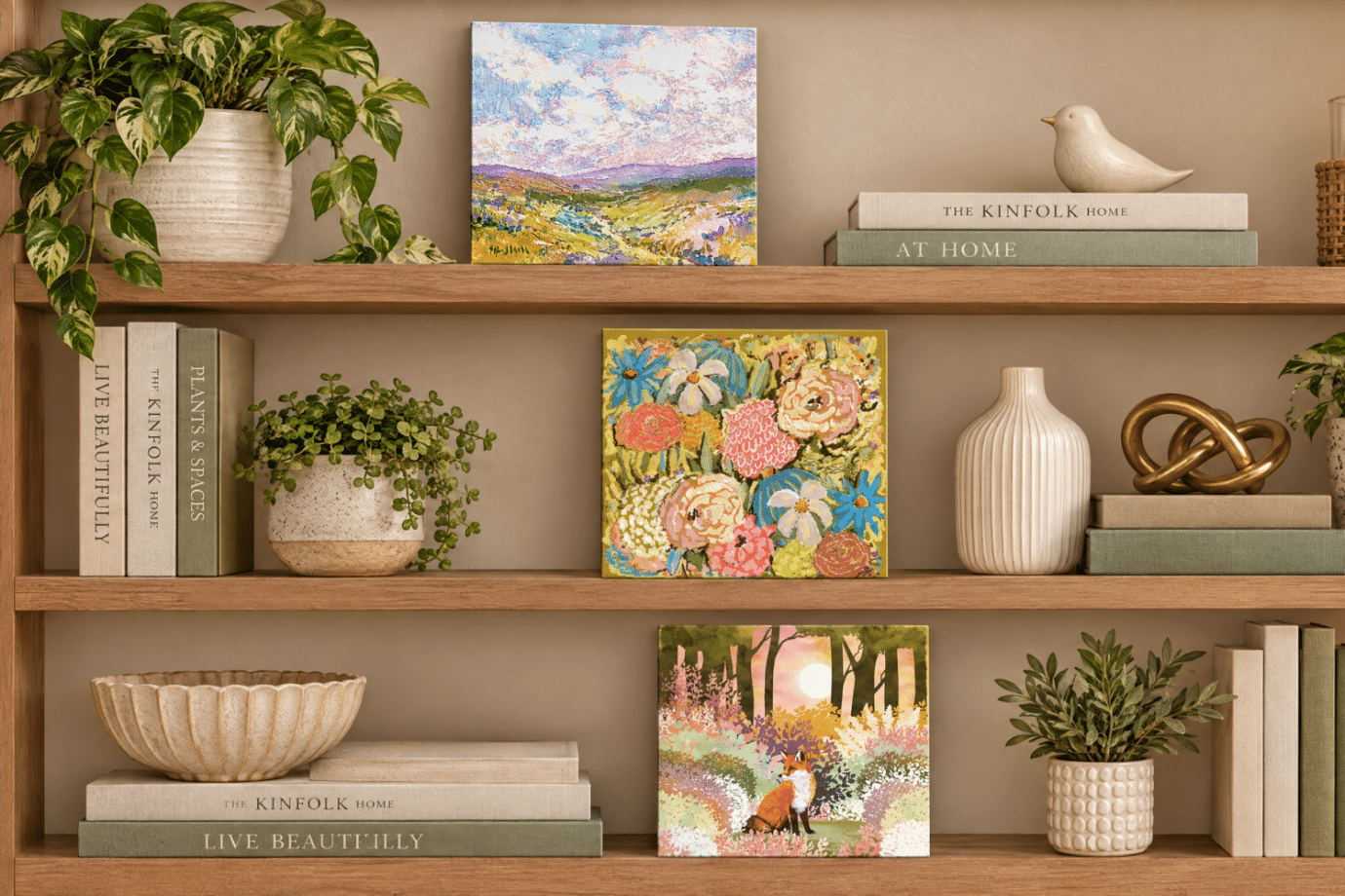 affordable gift ideas - mini art prints on bookshelf