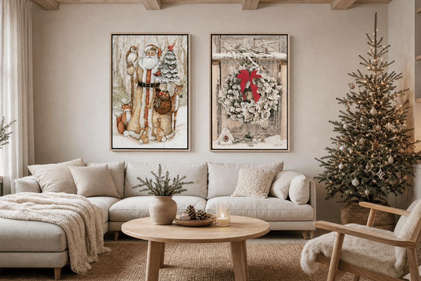 neutral christmas art in minimalist living room