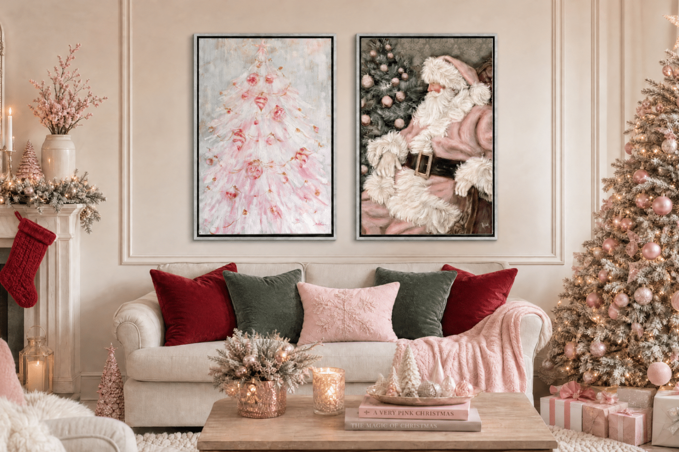 christmas art trend 2026 - pink christmas art in living room