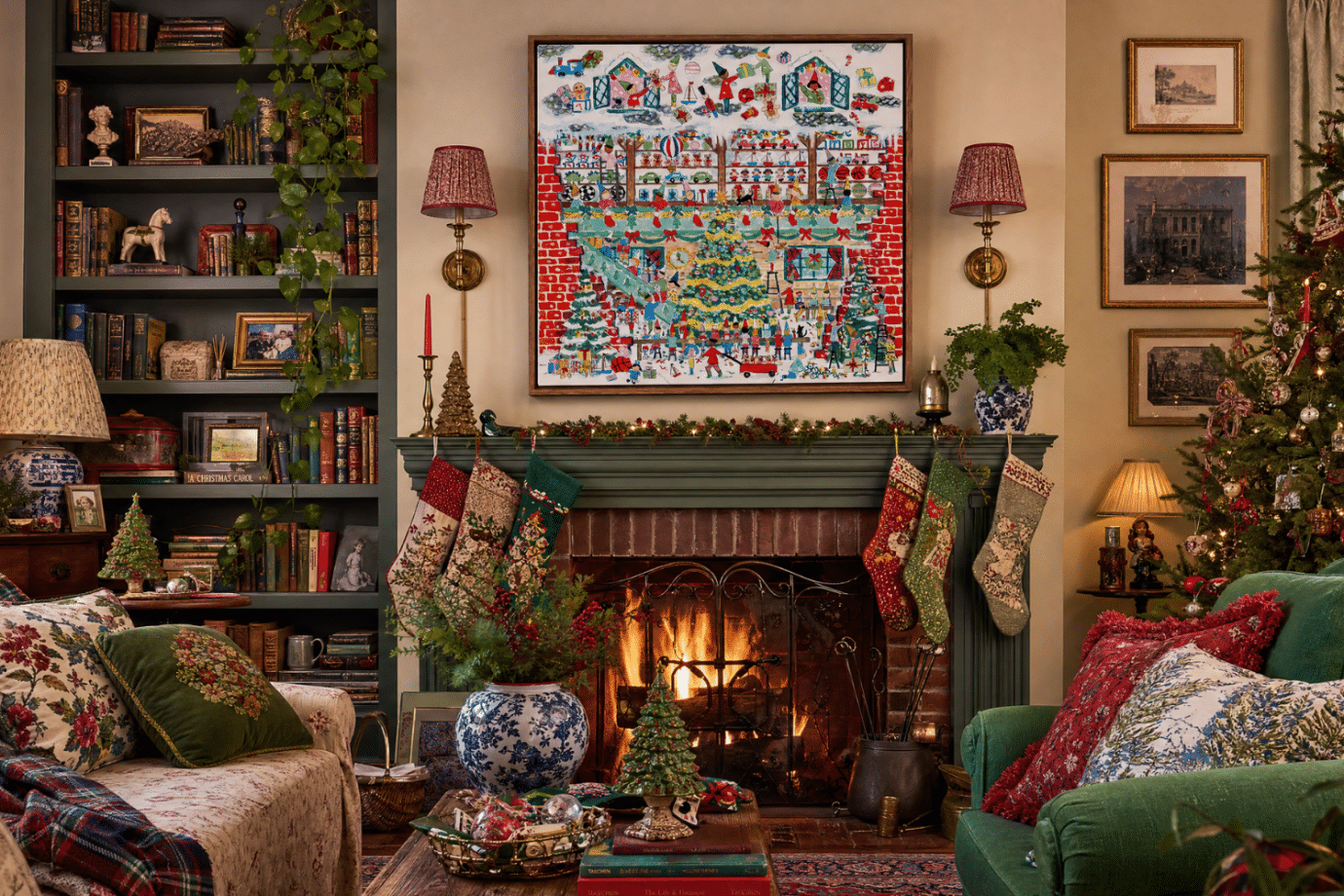 christmas village art in christmas living room